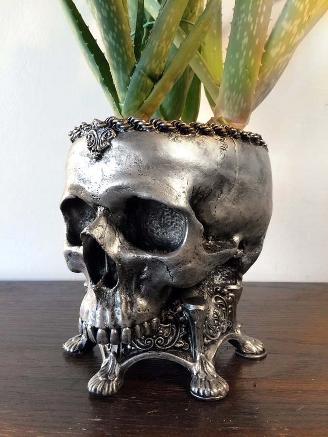 Human Skull Planter Pewter Finish, Hand Painted Resin Sculpture | Unique Gothic Home Decor | Spooky Art Gift and Gothic Home Decor
