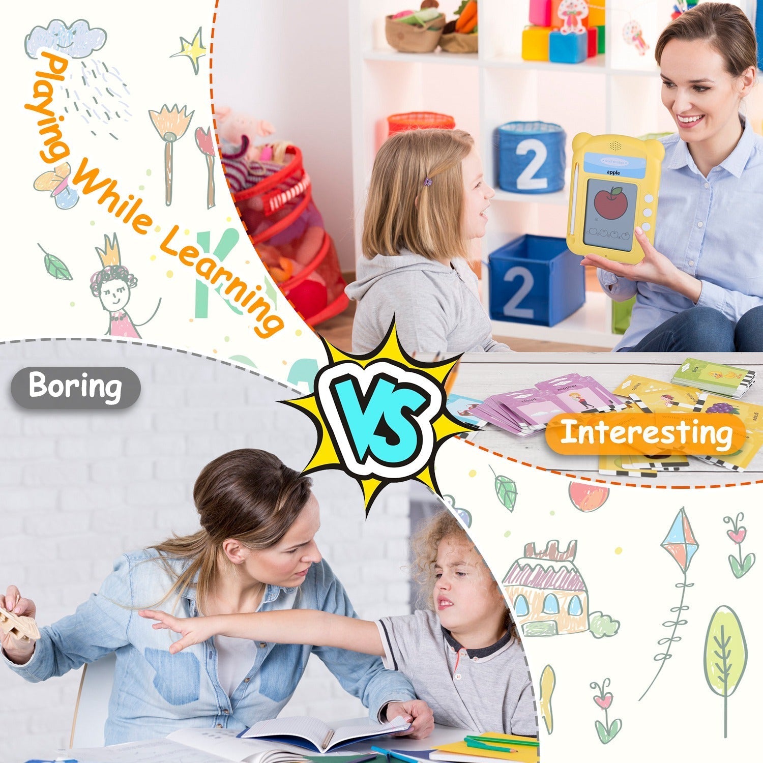 100 Words Talking Flash Cards 5.5In Toddler LCD Writing Tablet with 50 Double-sided Cards Stylus Pen Electronic Cognitive Audio Toddler Reading Machin