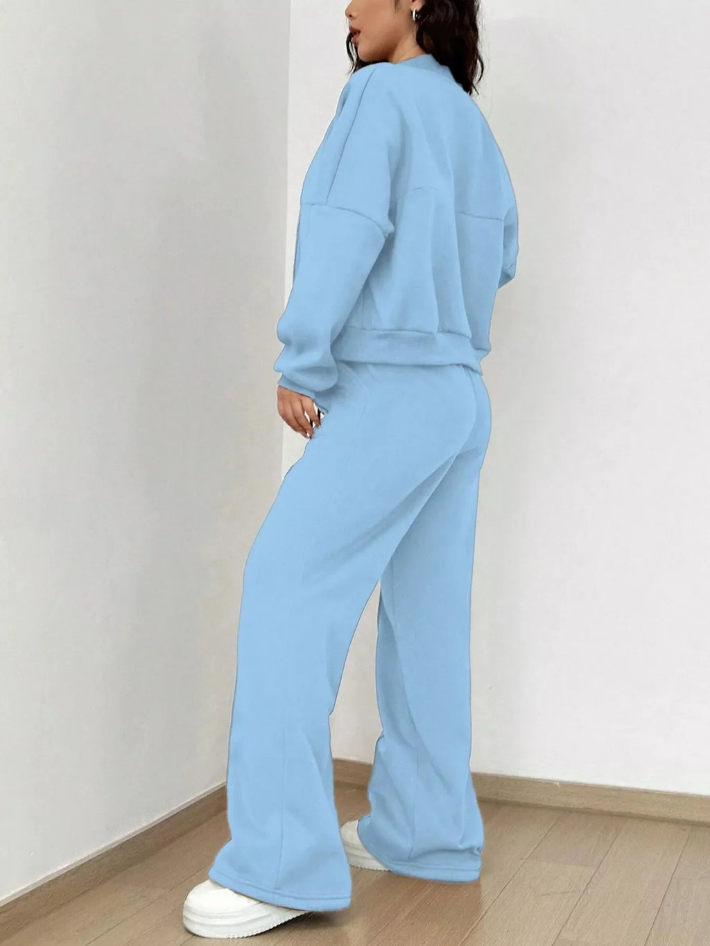 Casual Solid Color Zipper Jacket and Wide Leg Pants Set