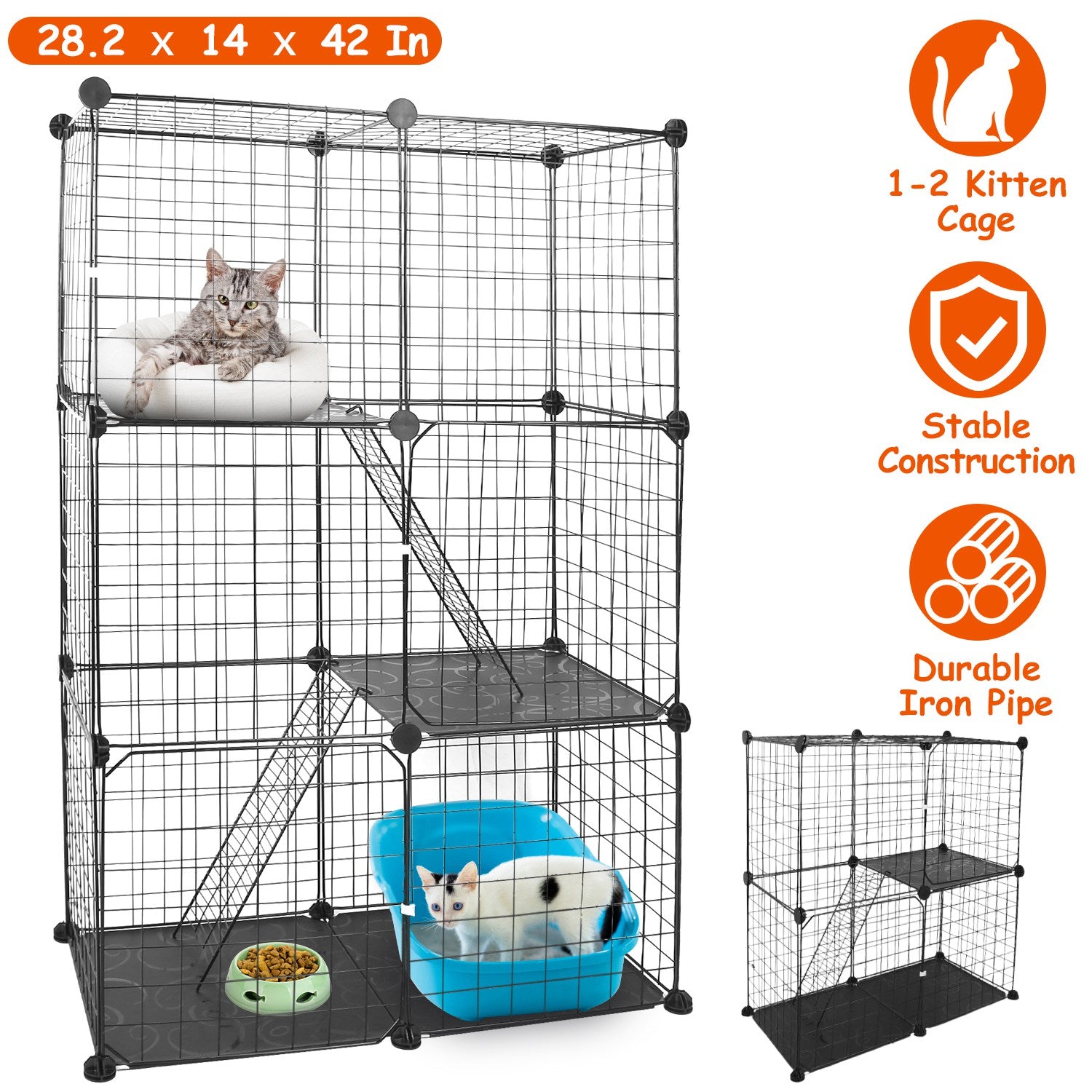 3 Tier Cat Playpen Cage Metal Indoor Cat House Detachable Kitten House with 3 Doors 2 Ladders Large Cat Exercise Place for 1-2 Cats Black