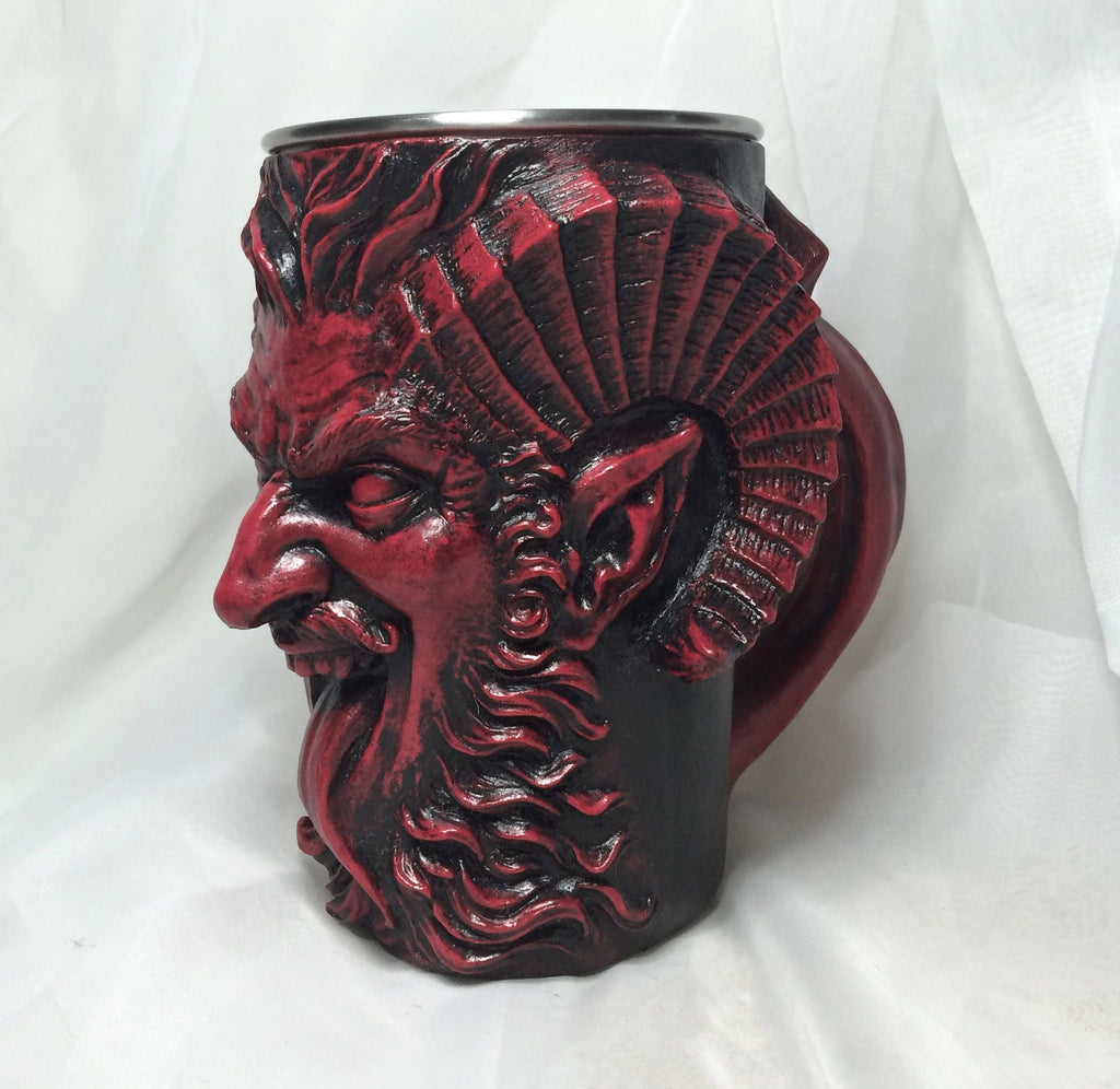 Krampus Mug, Red Finish | Hand Sculpted Resin Art Mug with Steel Liner | Unique Krampus Gift Cup and Gothic Home Decor