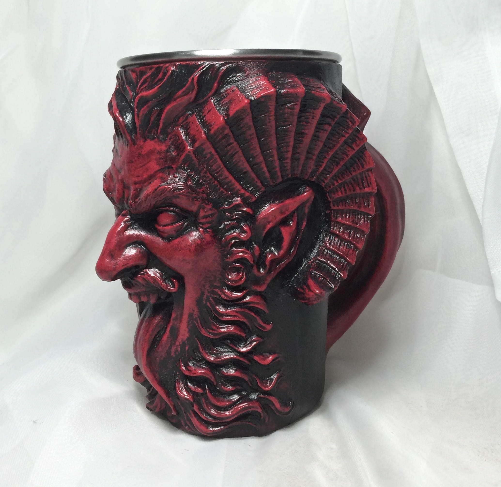 Krampus Mug, Red Finish | Hand Sculpted Resin Art Mug with Steel Liner | Unique Krampus Gift Cup and Gothic Home Decor