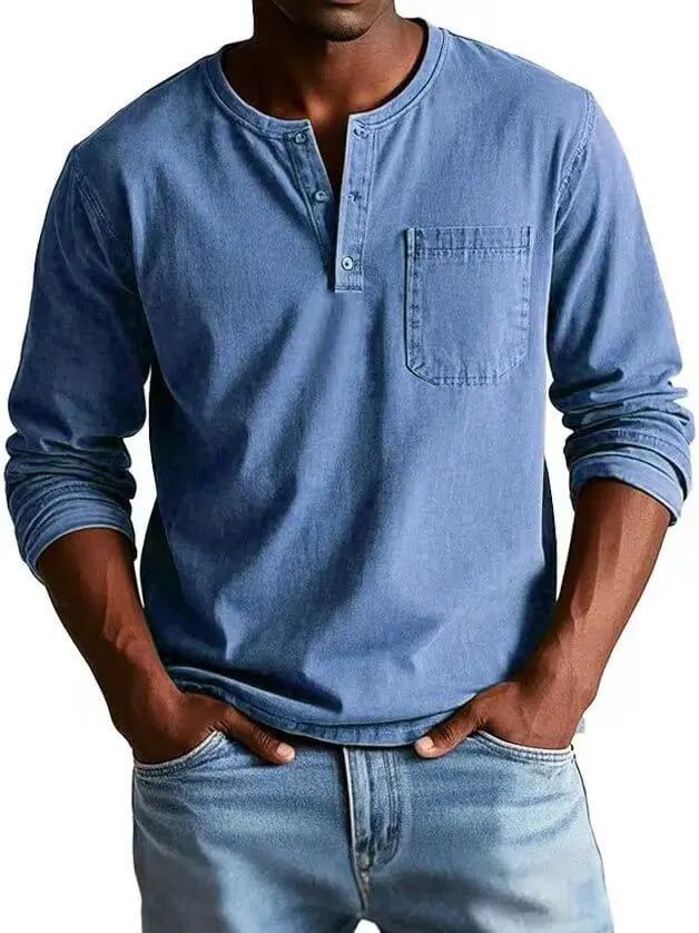 Men's V-Neck Long Sleeve Pullover – Button Design Top
