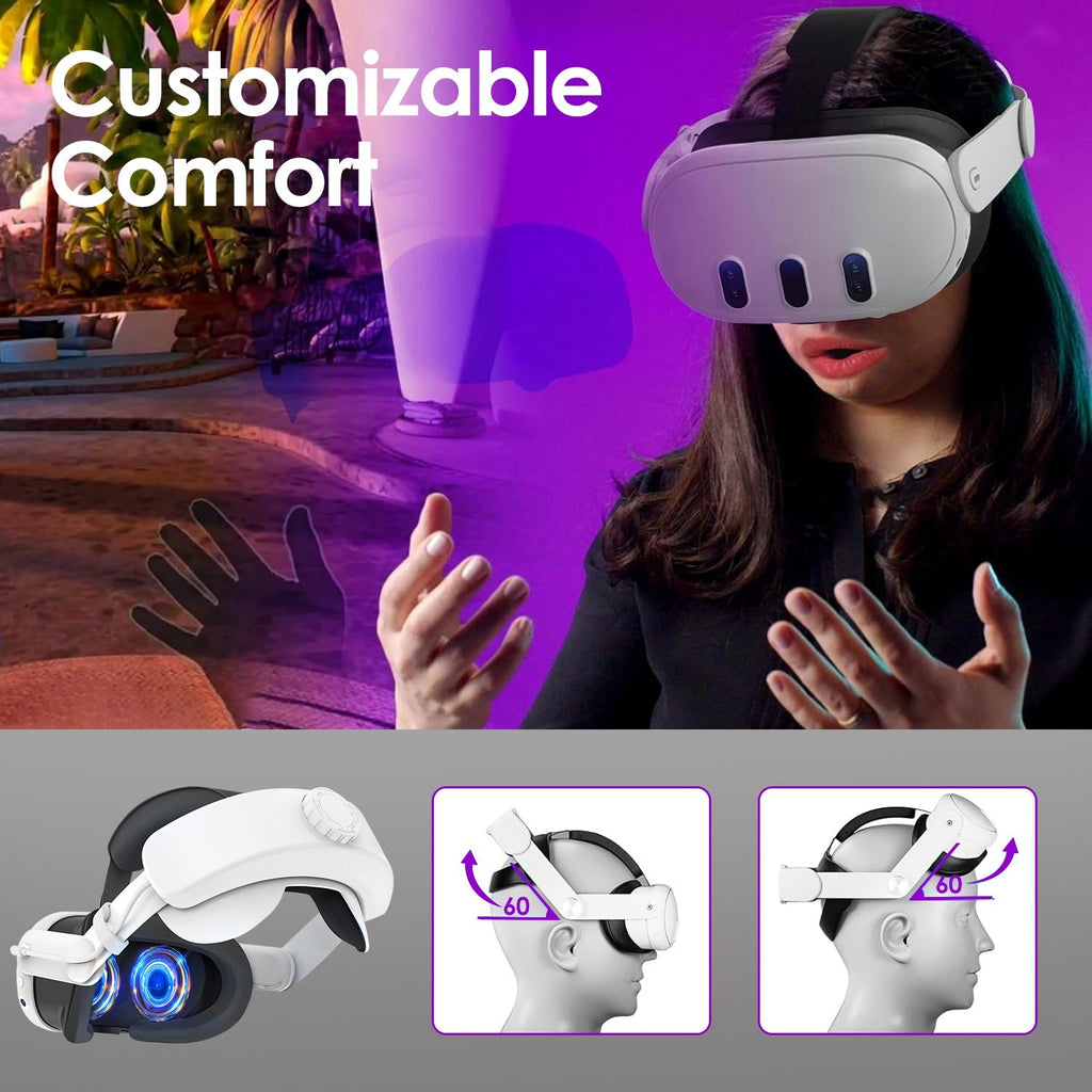 Adjustable Head Strap Compatible with Oculus/Meta Quest 3 VR Accessories Charging Headband Pressure-free Elite Strap with 6000mAh Rechargeable Battery