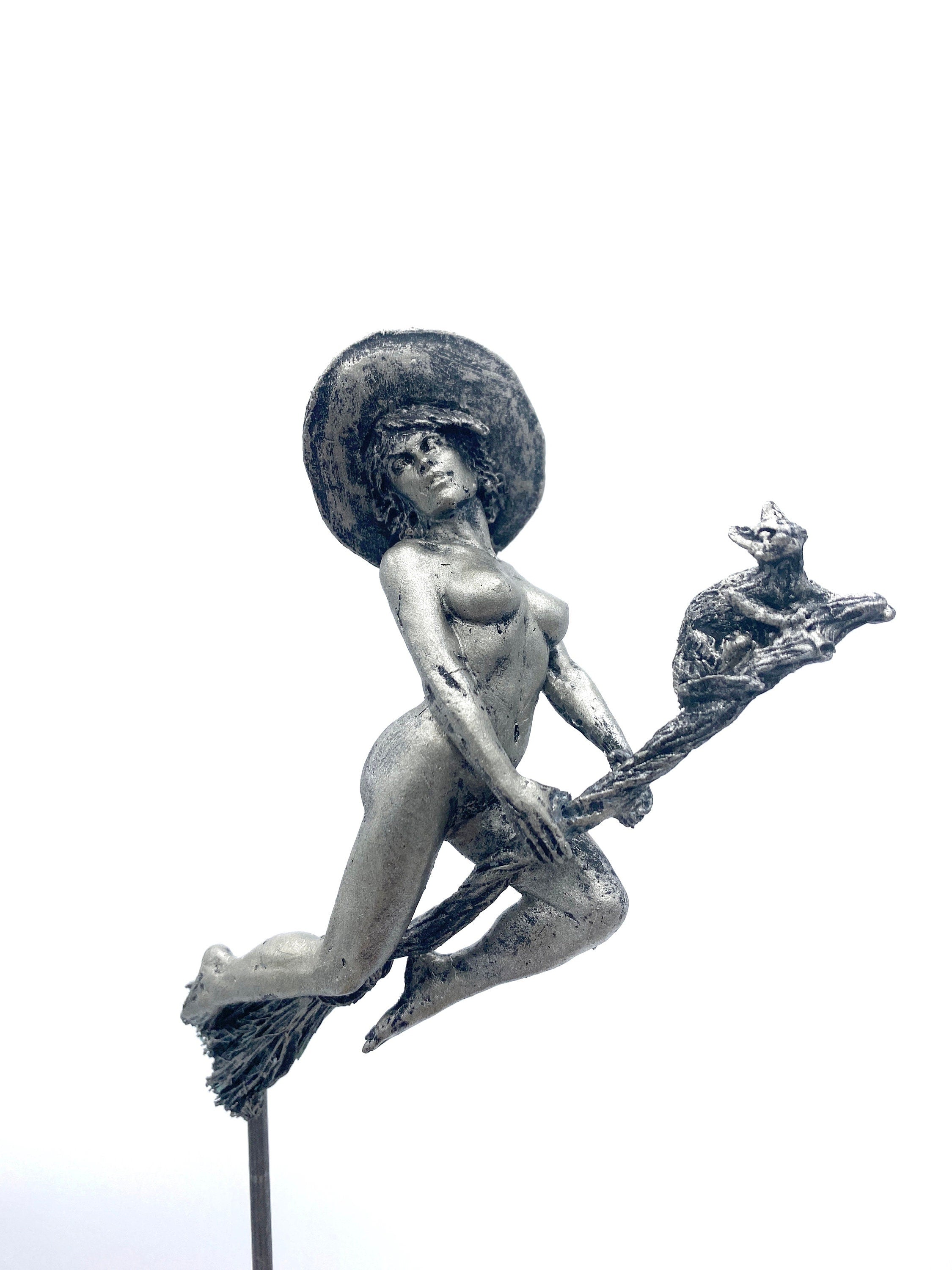Witch’s Sabbath: Broomstick Rider Statue, Hand Painted Resin Sculpture | Pagan Folklore Figurine | Witchy Art for Gothic Home Decor
