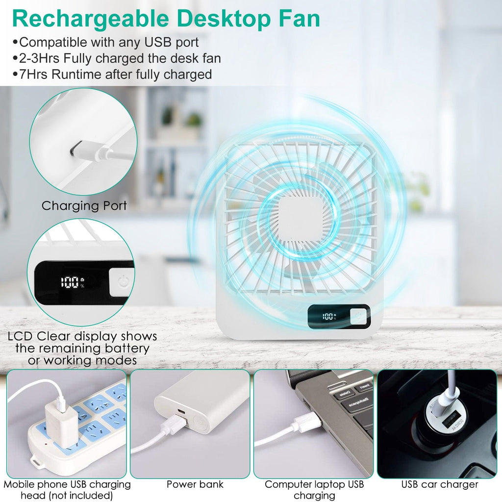 Portable Desk Fan USB Rechargeable Table Cooling Fan Quiet 5 Blades Desktop Fan with 3 Speeds Ajustment for Bedroom Office