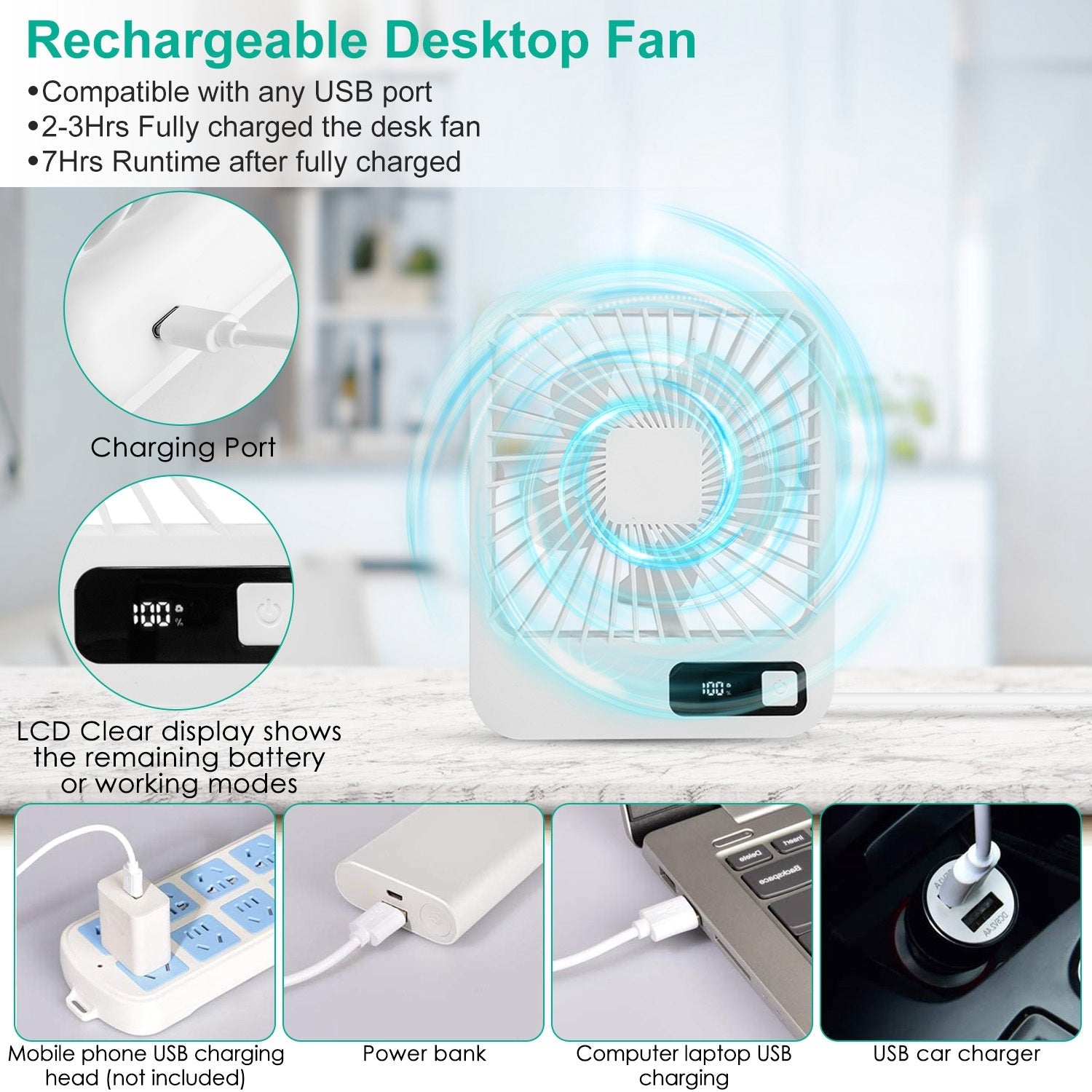 Portable Desk Fan USB Rechargeable Table Cooling Fan Quiet 5 Blades Desktop Fan with 3 Speeds Ajustment for Bedroom Office