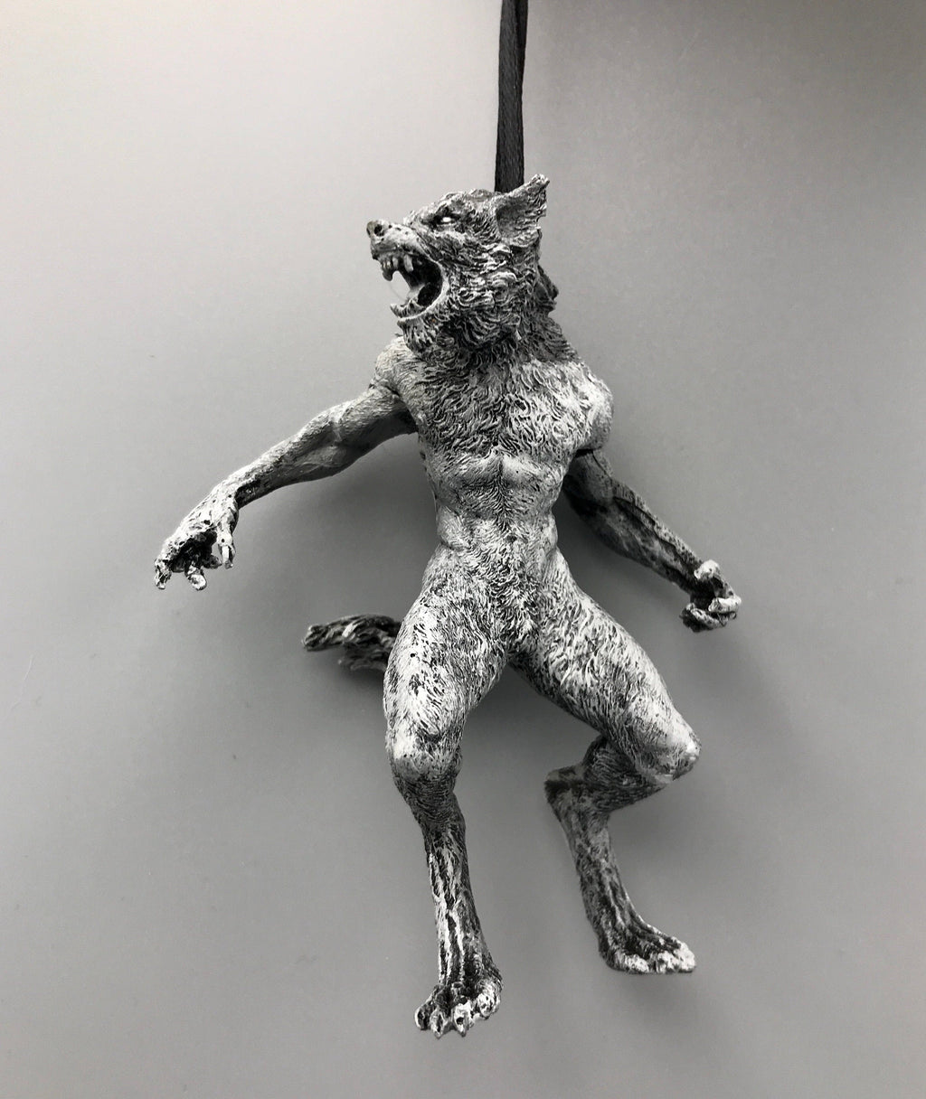 Werewolf Ornament, Grayscale, Hand Painted Resin Sculpture | Gothic Halloween Legendary Monster | Dark Folklore for Spooky Holiday Ornament