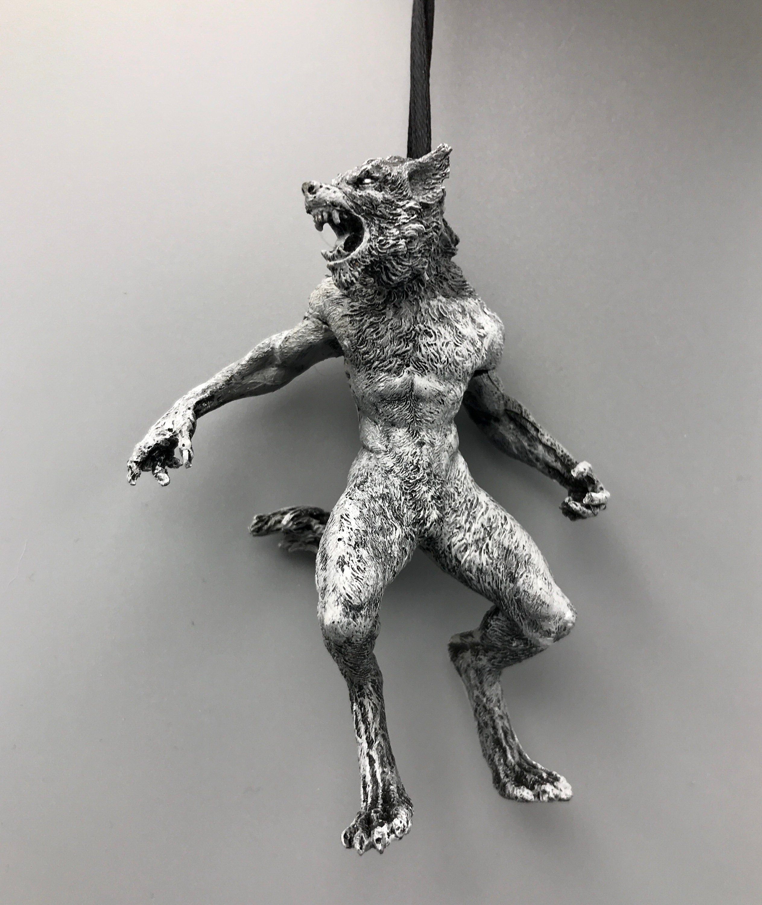 Werewolf Ornament, Grayscale, Hand Painted Resin Sculpture | Gothic Halloween Legendary Monster | Dark Folklore for Spooky Holiday Ornament