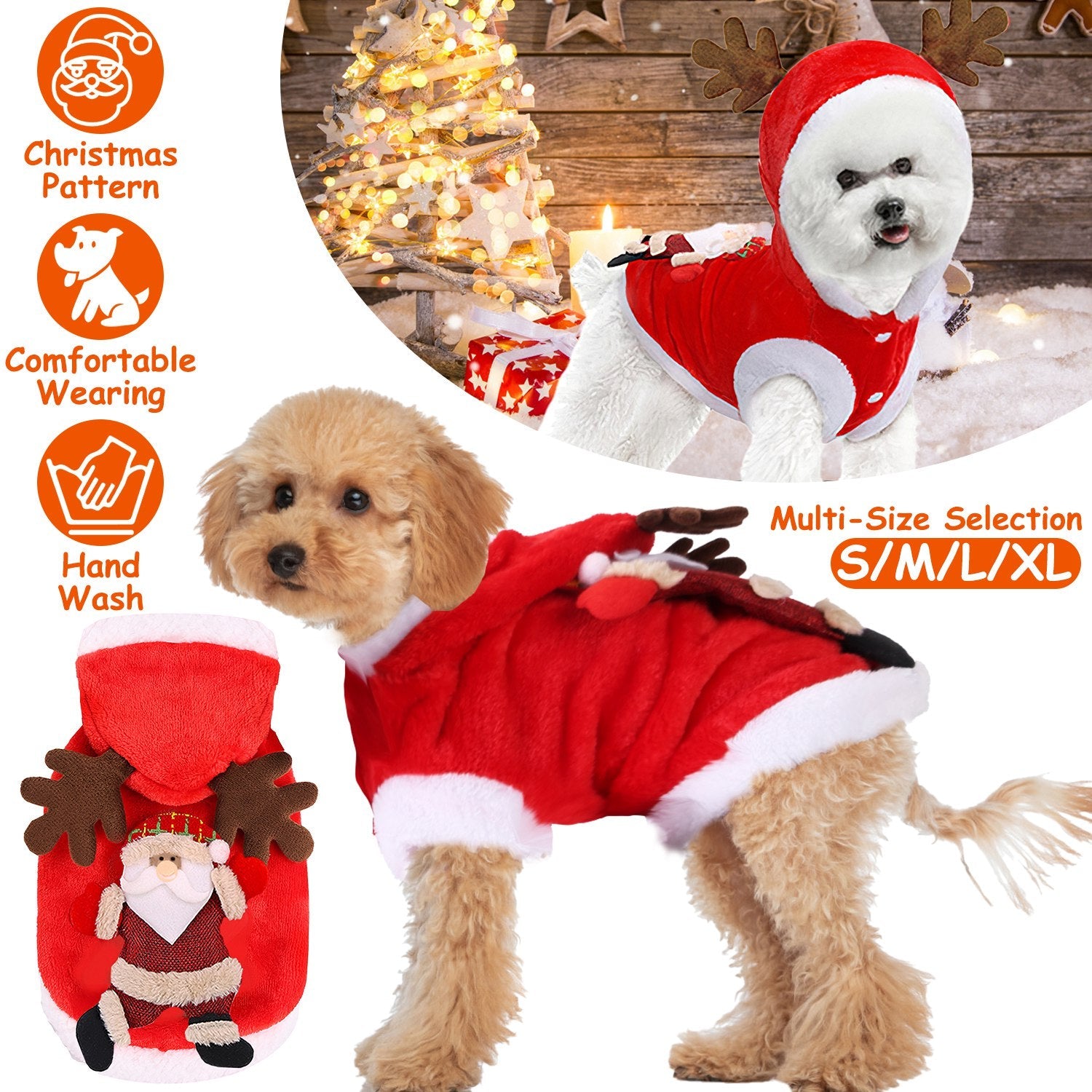 Pet Christmas Clothes Santa Claus Reindeer Antlers Costume Winter Outfit New Year Coat For Small Medium Dogs Cats Available in S/M/L/XL