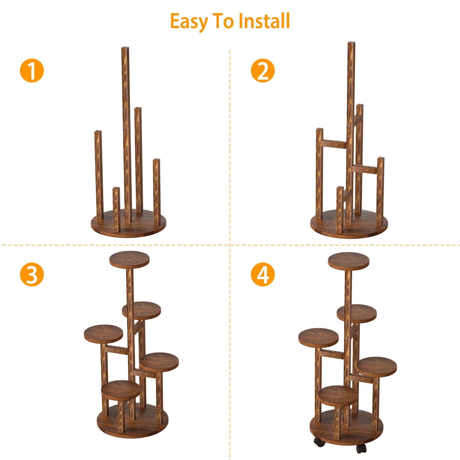 5 Tier Plant Stand with 4 Detachable Wheels Wooden Plant Pot Rolling Shelf Plant Display Rack for Indoor Outdoor Decoration