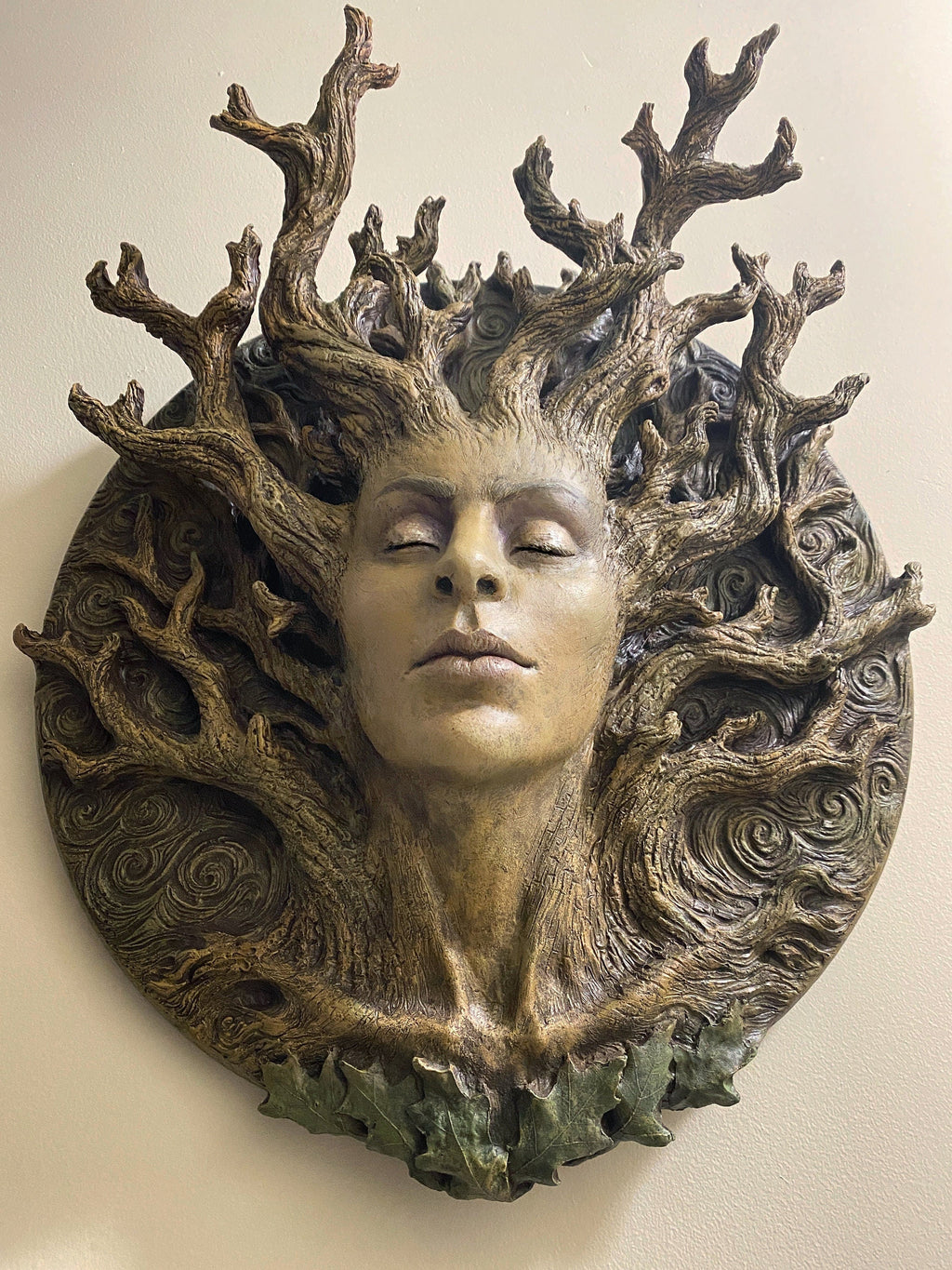 Dryad Bust, Life Sized Wall Plaque Resin Sculpture | Mythic Forest Creature Wall Art | Woodland Goddess Wall Plaque for Nature Lovers