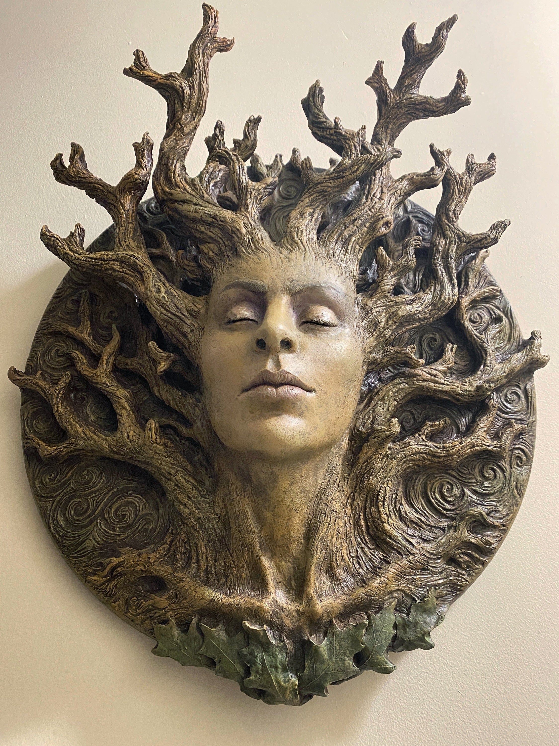 Dryad Bust, Life Sized Wall Plaque Resin Sculpture | Mythic Forest Creature Wall Art | Woodland Goddess Wall Plaque for Nature Lovers