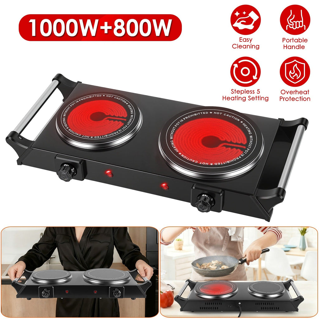 1800W Electric Double Burner Portable Heating Hot Plate Stove Countertop RV Hotplate with 5 Temperature Stepless Adjustments Portable Handles