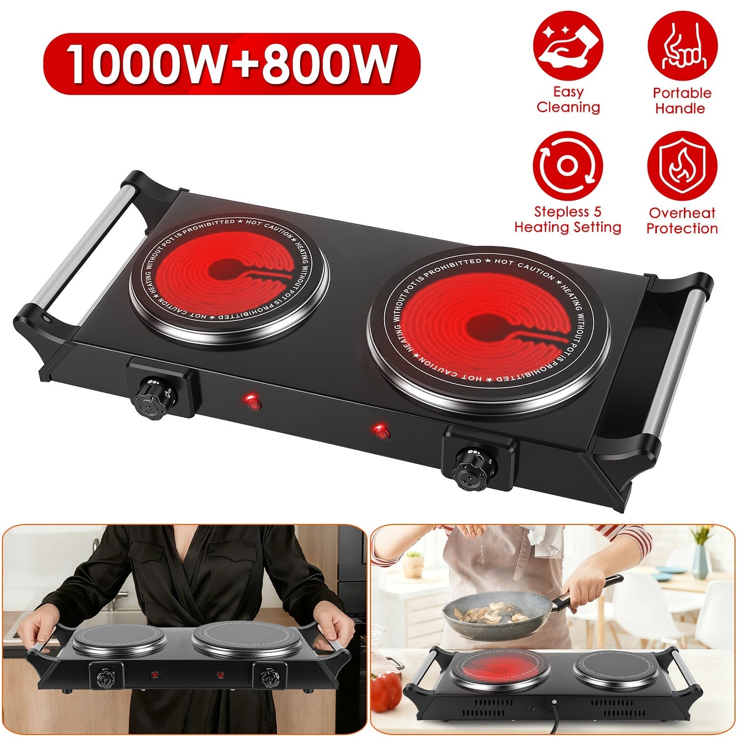 1800W Electric Double Burner Portable Heating Hot Plate Stove Countertop RV Hotplate with 5 Temperature Stepless Adjustments Portable Handles