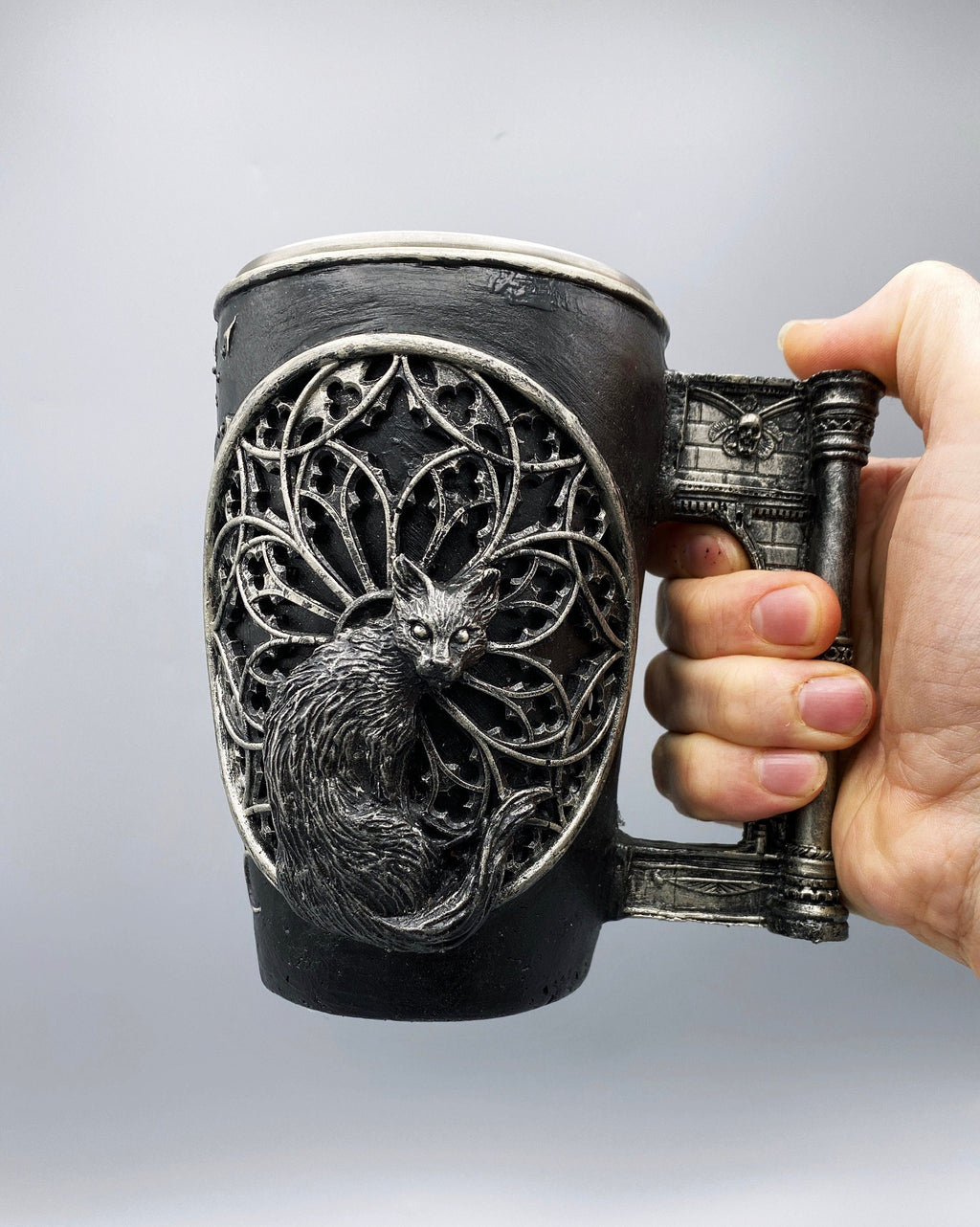 Cat and Gothic Cathedral Window Mug, Hand Sculpted Resin Gothic Art Mug with Stainless Steel Liner| Cat Mug, Halloween Gift and Gothic Decor