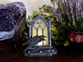 Raven and Window Tea Light, Hand Painted Resin Sculpture | Medieval Gothic Night Light | Poe’s Raven Lighting for Gothic Fantasy Home Decor