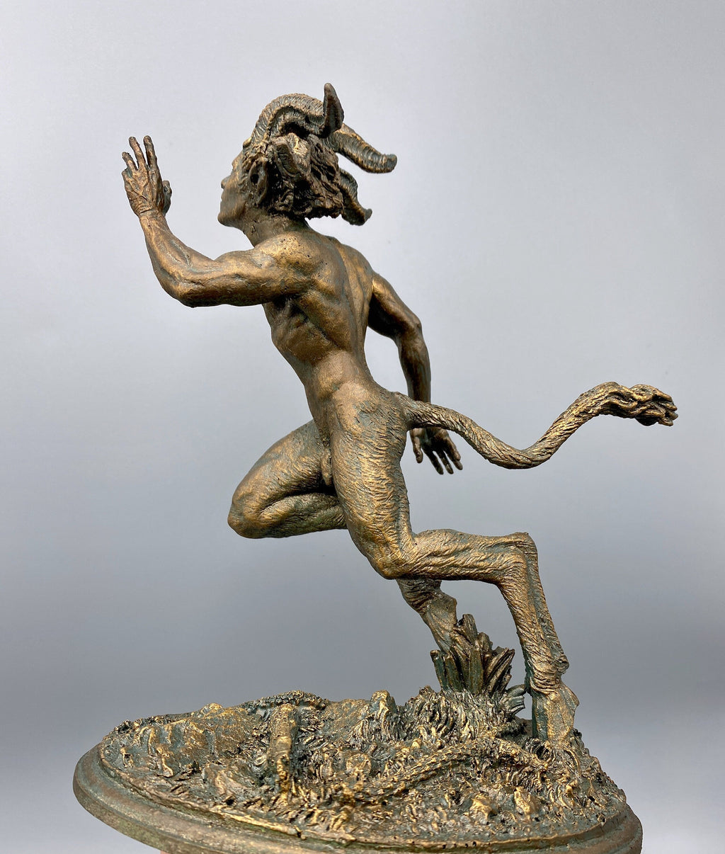 Running Satyr Statue, Hand Painted Resin Sculpture | Mythical Creature Figurine | Unique Legendary Faun Figurine. Fantasy Art Decor
