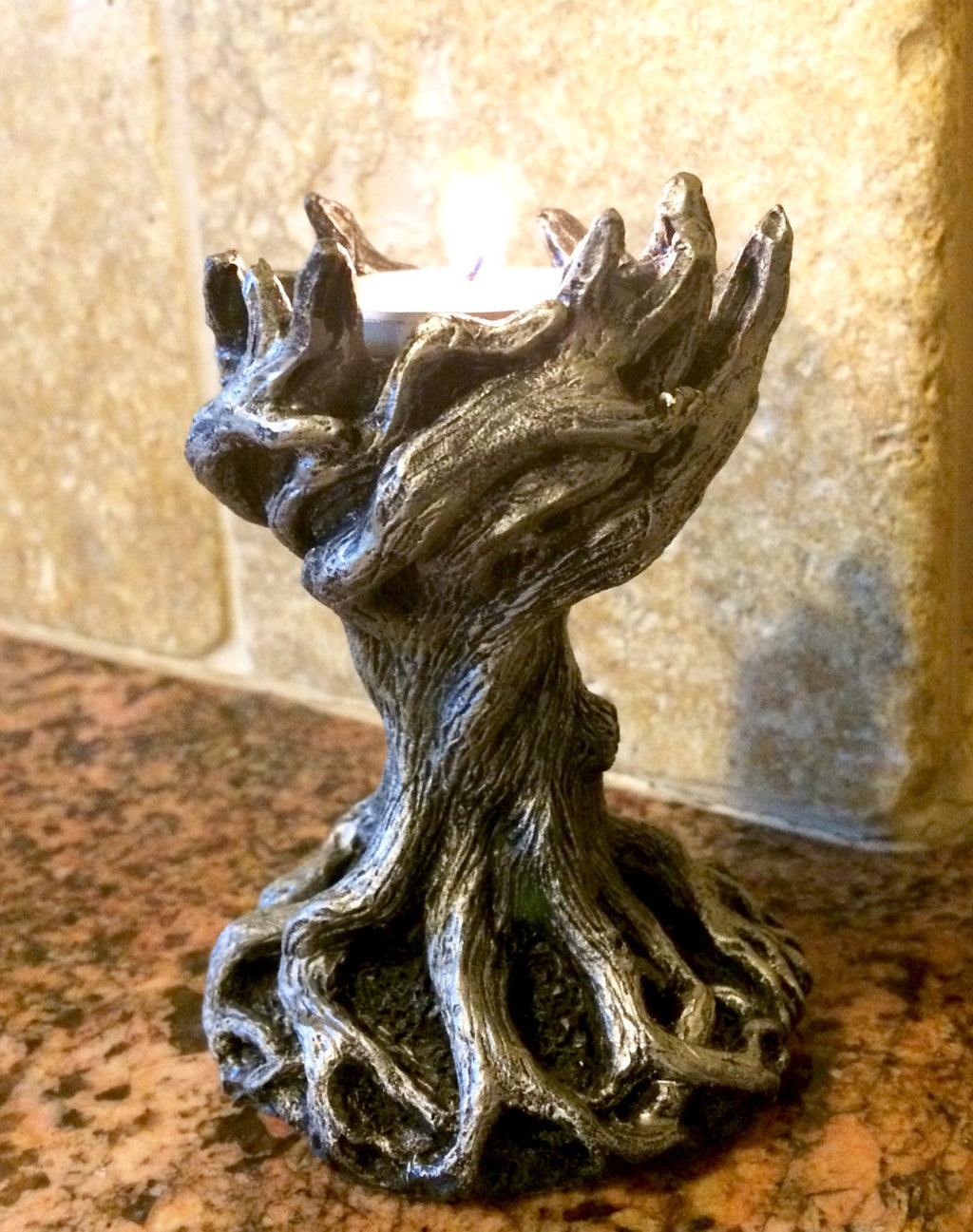 Yggdrasil the World Tree Tea Light Holder, Hand Painted Resin Sculpture | Earthy Fantasy Decor| Candle for Witchy Gift and Gothic Home Decor