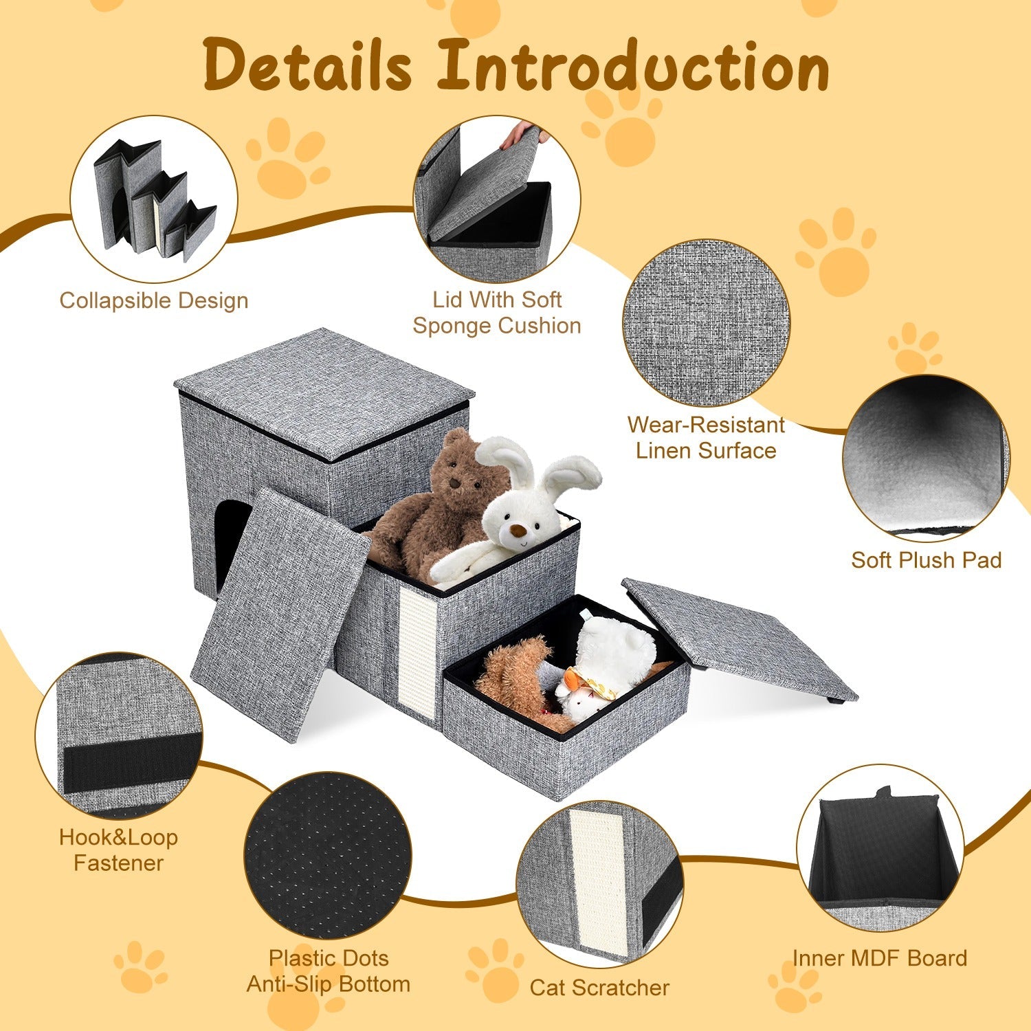 3 Step Pet Stair 4-IN-1 Foldable Dog Ramp Non-Slip Cat Storage Ladder with Scratcher Storage and Pet House for Old Pet Small/Medium Dog/Cat 165LBS Max