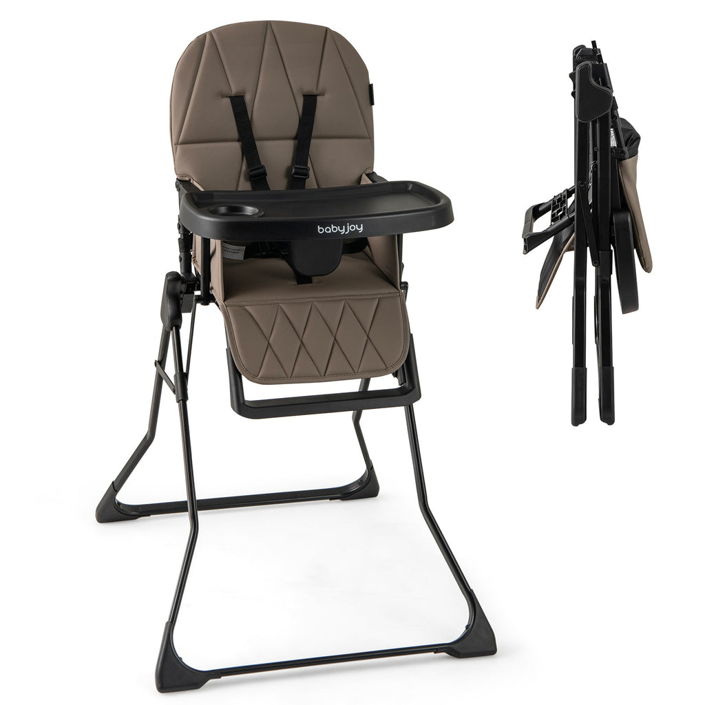 Easy Clean Compact Highchair with Removable Adjustable Tray and PU Seat Cushion-Brown