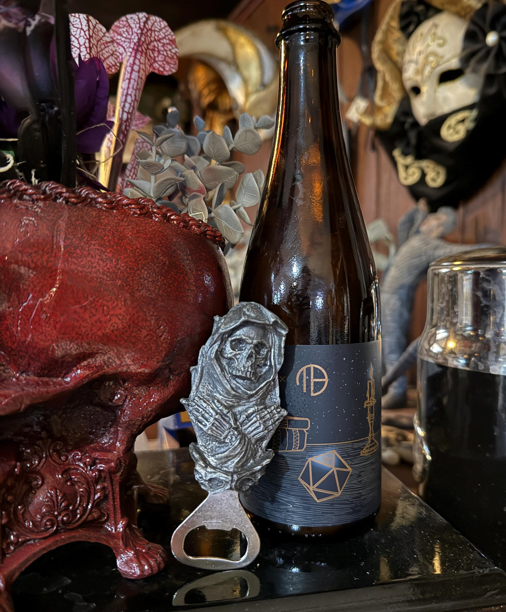 Santa Muerte Bottle Opener, Hand Painted Resin | Gothic Skull Art Barware, Grim Reaper Bottle Opener | Fantasy Gothic Beer and Barware Gift