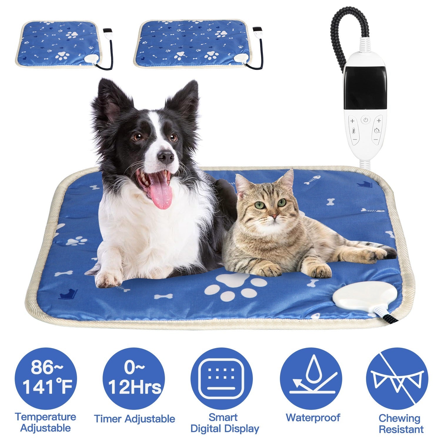 Pet Heating Pad Electric Dog Cat Heating Mat Waterproof Warming Blanket with 86-141  Adjustable Temperature 0-12 Timer Digital Display Chewing-resista