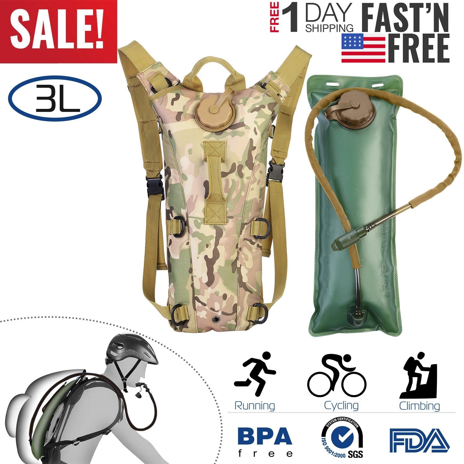 iMounTEK Tactical Hydration Pack 3L Water Bladder Adjustable Water Drink Backpack for Hiking Cycling Climbing Running