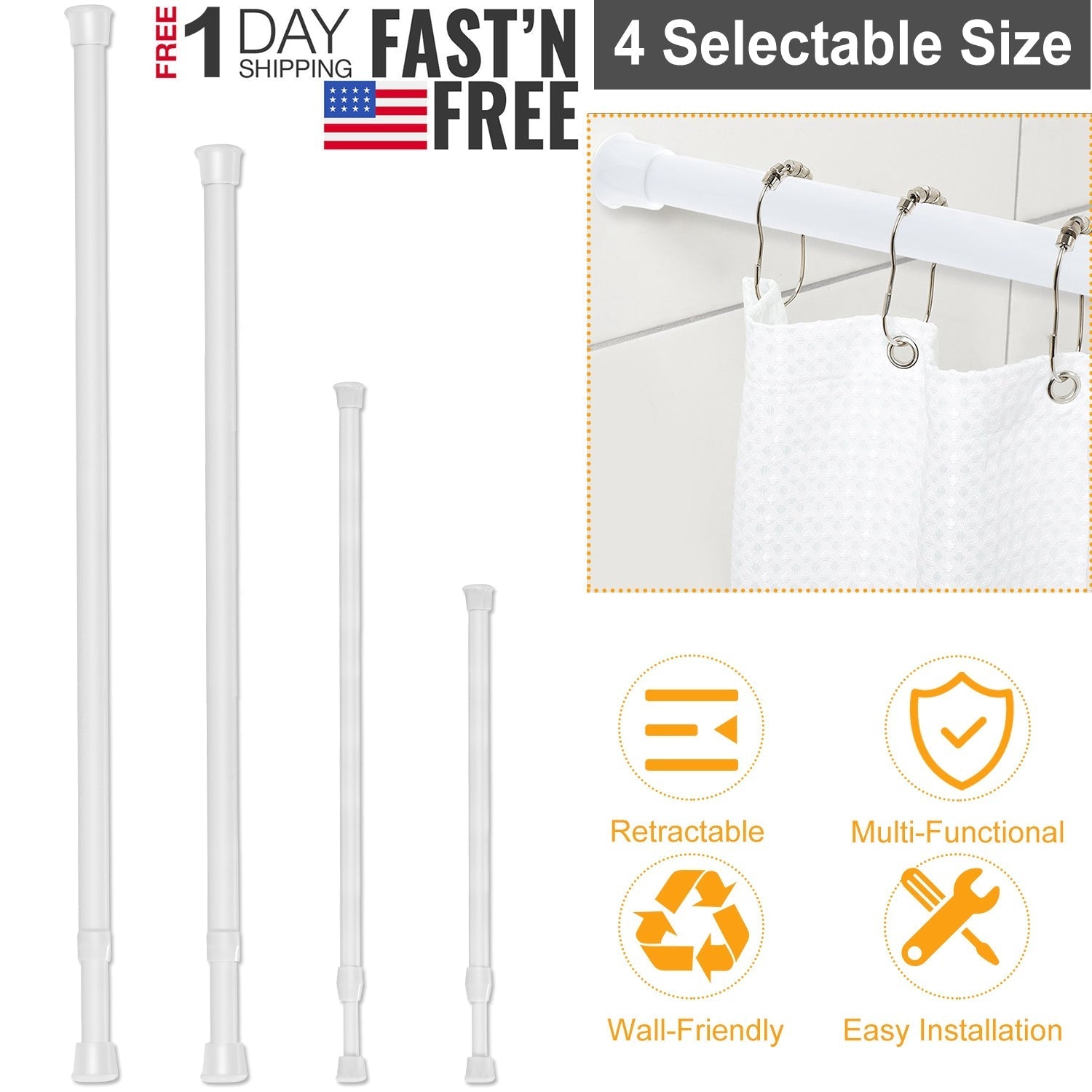 Tension Curtain Rod Spring Load Adjustable Curtain Pole Heavy-Duty Steel 4 Sizes for Bathroom Wardrobe Kitchen Balcony