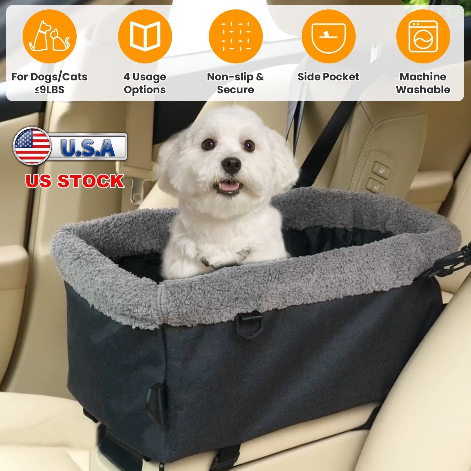Small Dog Car Seat with Harness Center Console Pet Booster Seat Travel Car Seat with Side Pocket Cotton Velvet Cushion for Dogs Cats Up to 9LBS