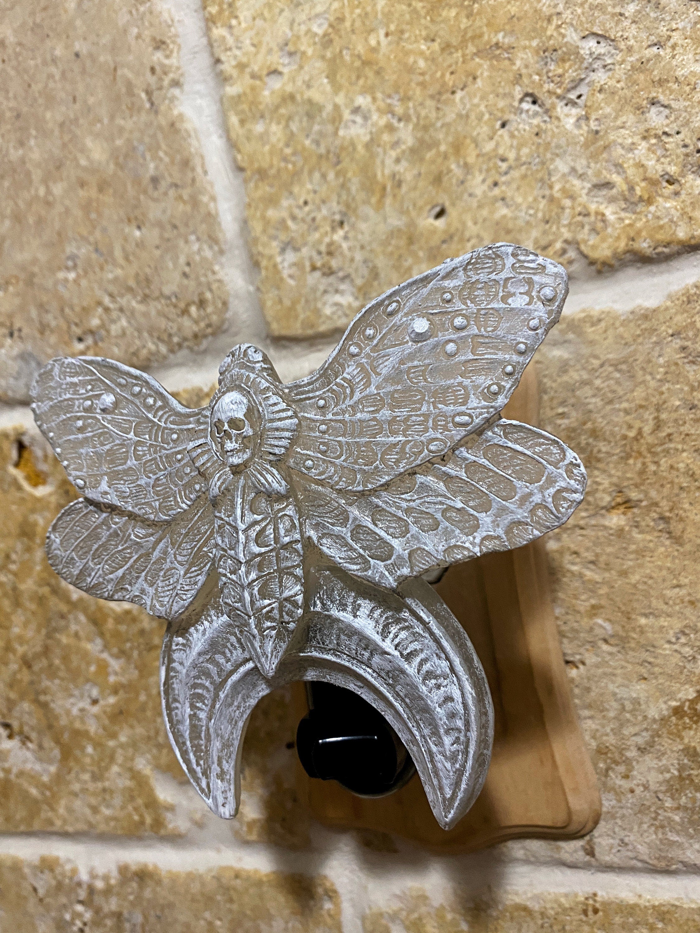 Death's Head Moth Nightlight, Hand Painted Resin Sculpture | Witchy Gothic Night Light |  Moth and Moon Light for Gothic Fantasy Home Decor