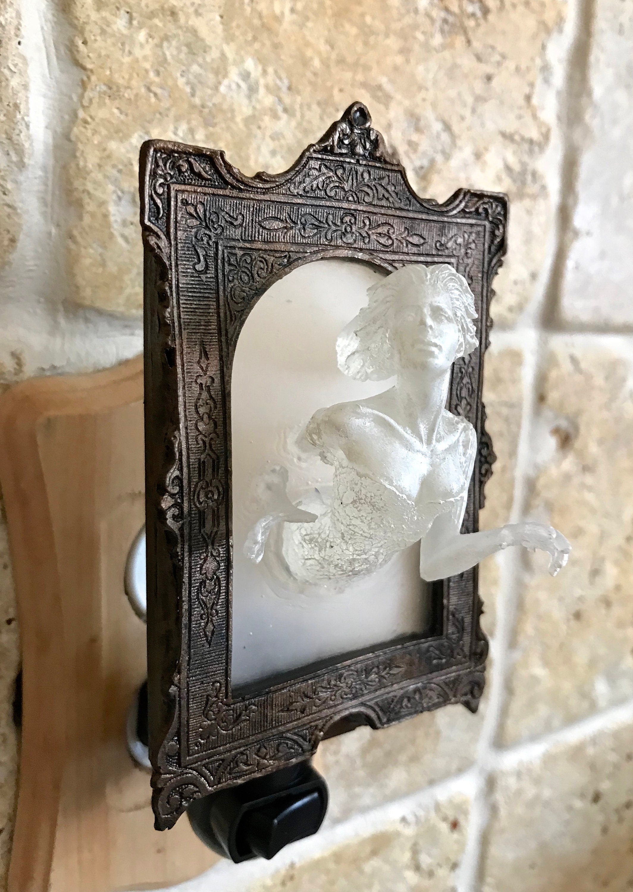 Ghost in the Mirror Nightlight, Hand Painted Resin Sculpture | Victorian Gothic Night Light |  Ghost Lighting for Gothic Spooky Home Decor