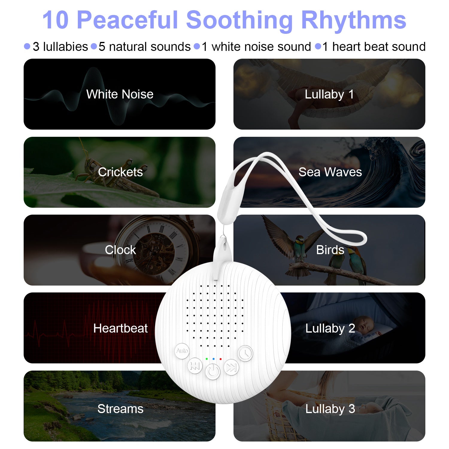 Portable White Noise Sound Machine For Baby Adult With 10 Soothing Sounds Volume Control Timer Settings Noise Detection Compact Size for Sleep Aid Off