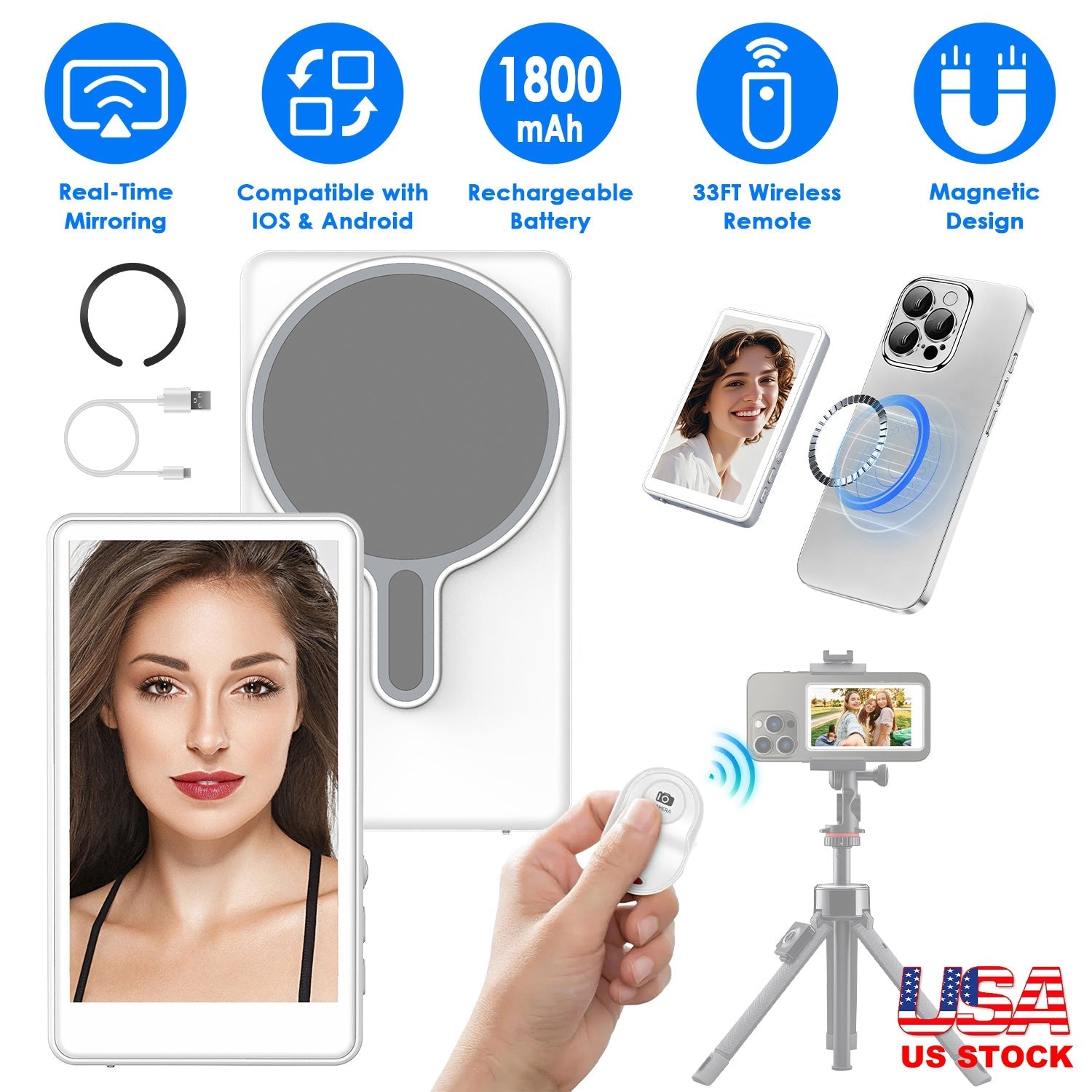 Vlog Selfie Monitor Screen Magnetic Rear Camera Phone Monitor Wireless Selfie Monitor Screen with 33FT Remote for Vlog Live Stream Compatible with IOS