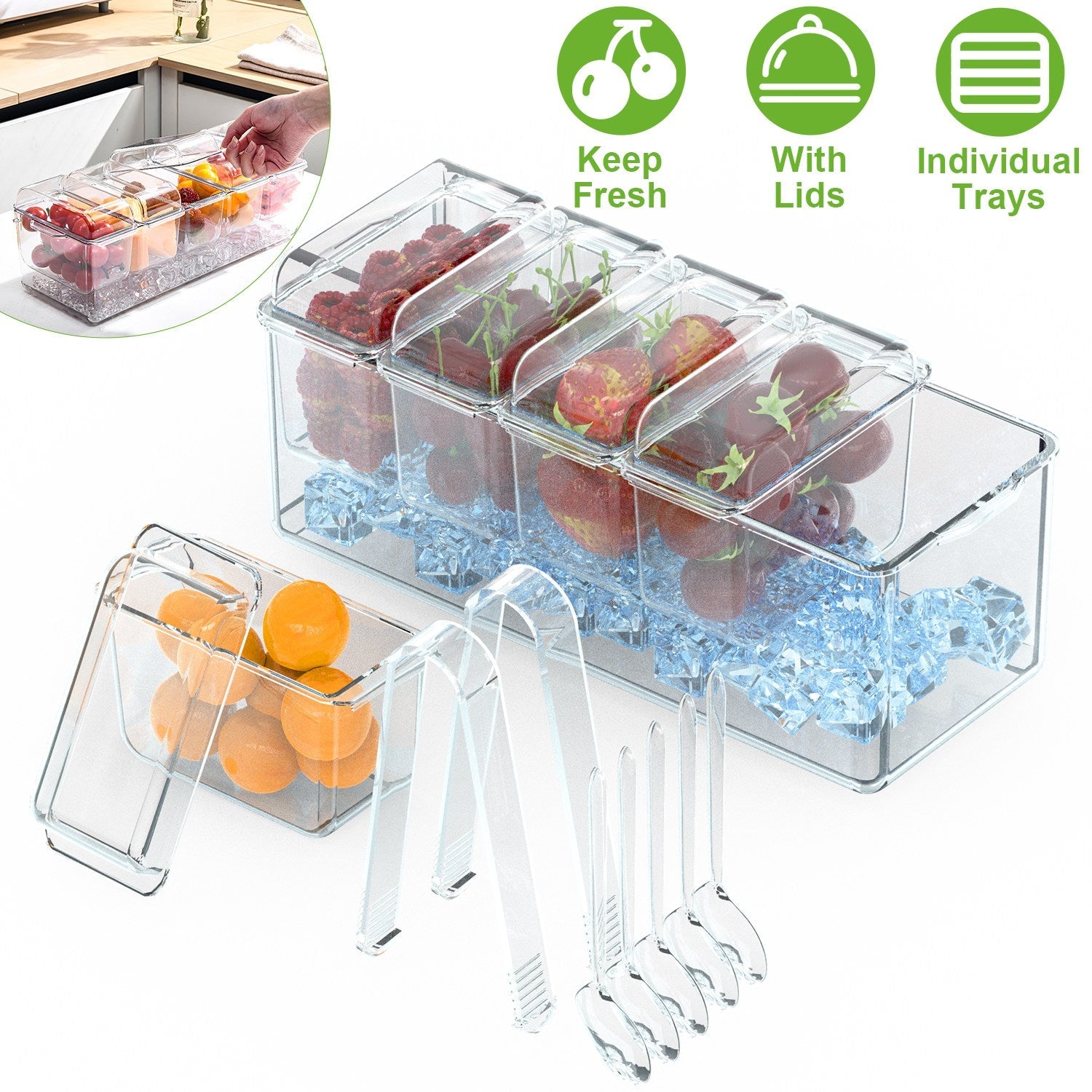 Ice Chilled Condiment Caddy Serving Tray Container Bar Garnish Holder Salad Platter Server Food Storage with 5 Removable Containers 5 Lids 2 Tongs 5 S