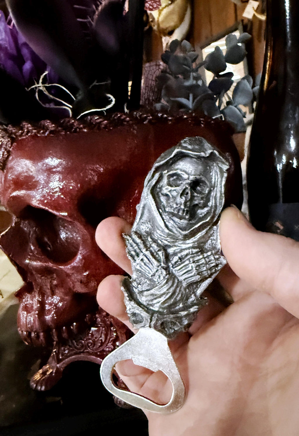 Santa Muerte Bottle Opener, Hand Painted Resin | Gothic Skull Art Barware, Grim Reaper Bottle Opener | Fantasy Gothic Beer and Barware Gift