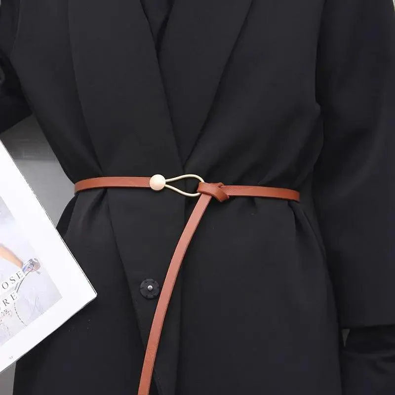 Elegant Leather Adjustable Thin Belt For Women Unique Black Design Ladies Belt High Quality Charming Waistbands For Dress