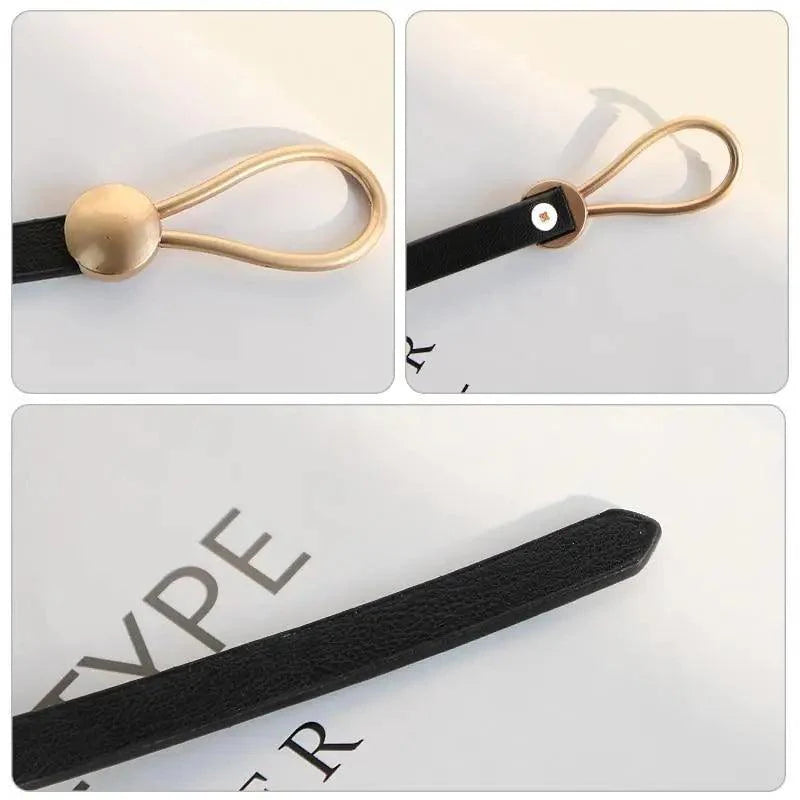 Elegant Leather Adjustable Thin Belt For Women Unique Black Design Ladies Belt High Quality Charming Waistbands For Dress