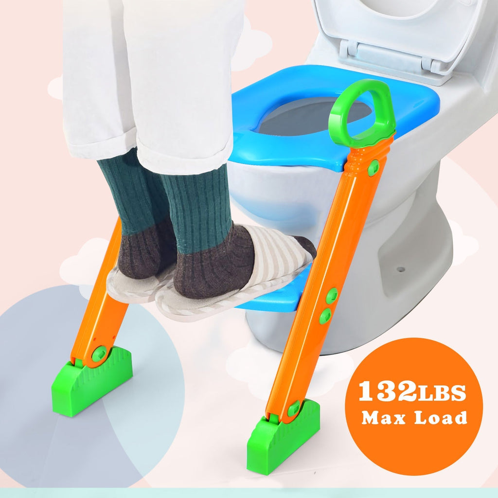 Potty Training Toilet Seat w/ Steps Stool Ladder For Children Baby Foldable Splash Guard Toilet Trainer Chair Anti-slip Feet Pedal Handle 132LBS Max L