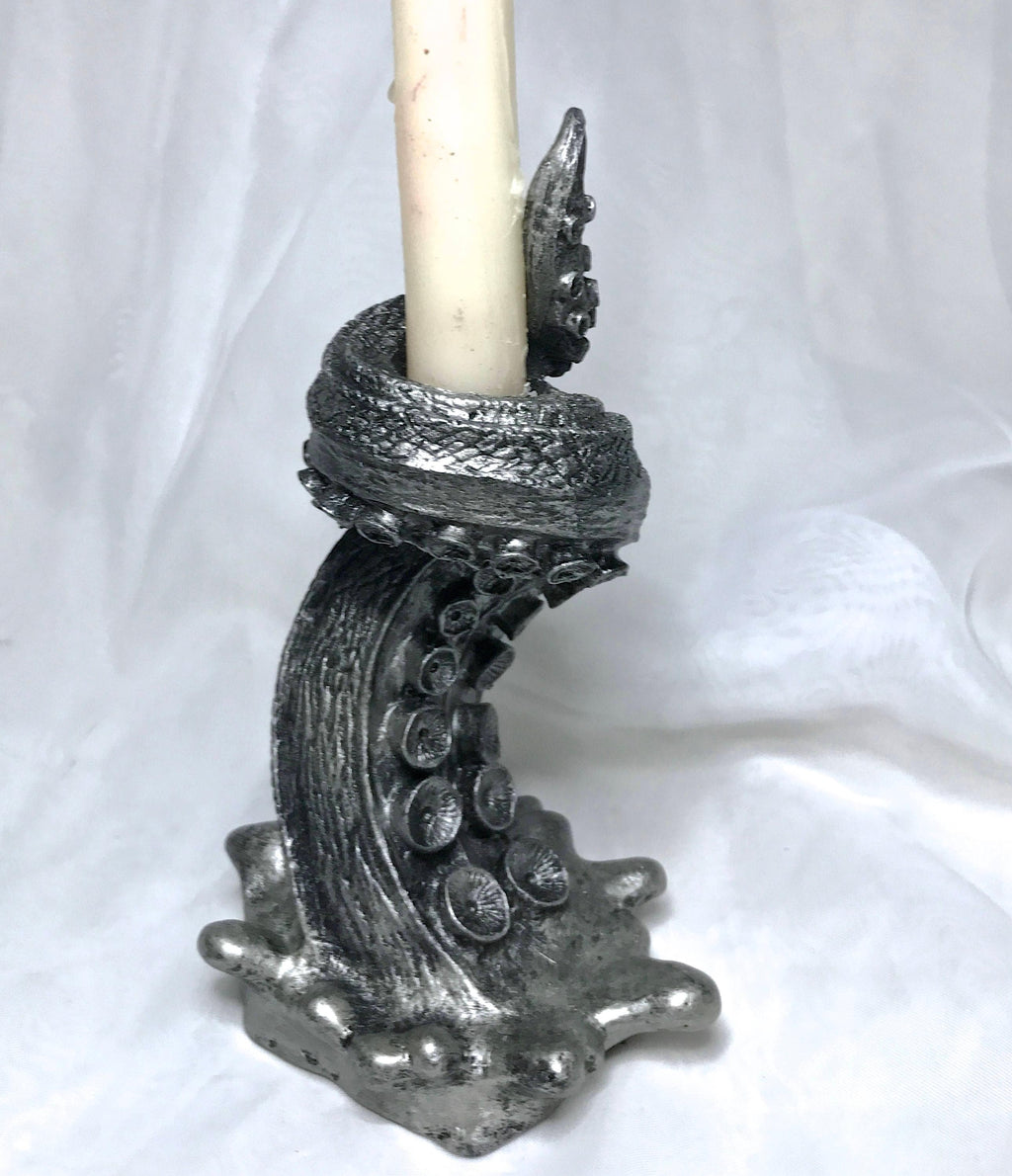 Tentacle Candlestick Holder, 6" Version, Resin Sculpture | Octopus Lovecraftian Tentacle Candle for Nautical Gift and Gothic Home Decor