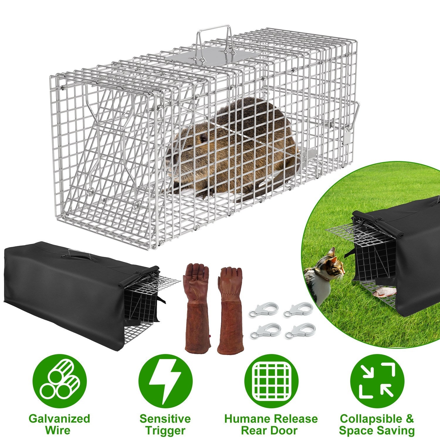 Humane Cat Trap Cage With Waterproof Cover Gloves Catch Release Live Animal Rodent Cage Collapsible Galvanized Wire for Raccoons Beavers Groundhogs Fo