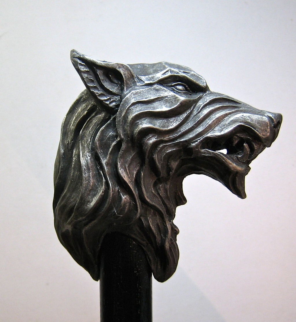 Wolf Head Cane, Hand Sculpted Walking Stick | Medieval Gothic Cane | Fantasy Cosplay Direwolf Cane, Gothic Accessory