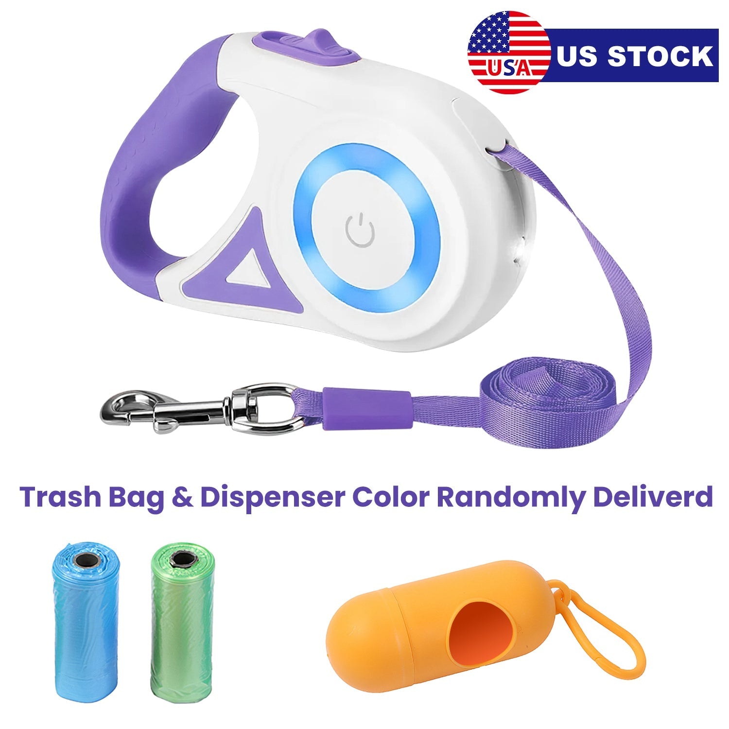16FT Retractable Dog Leash Extendable Pet Leash Dog Walking Leash with Flashlight RGB Light 2 Rolls of Waste Bags Dispenser Fit for 66-110lbs