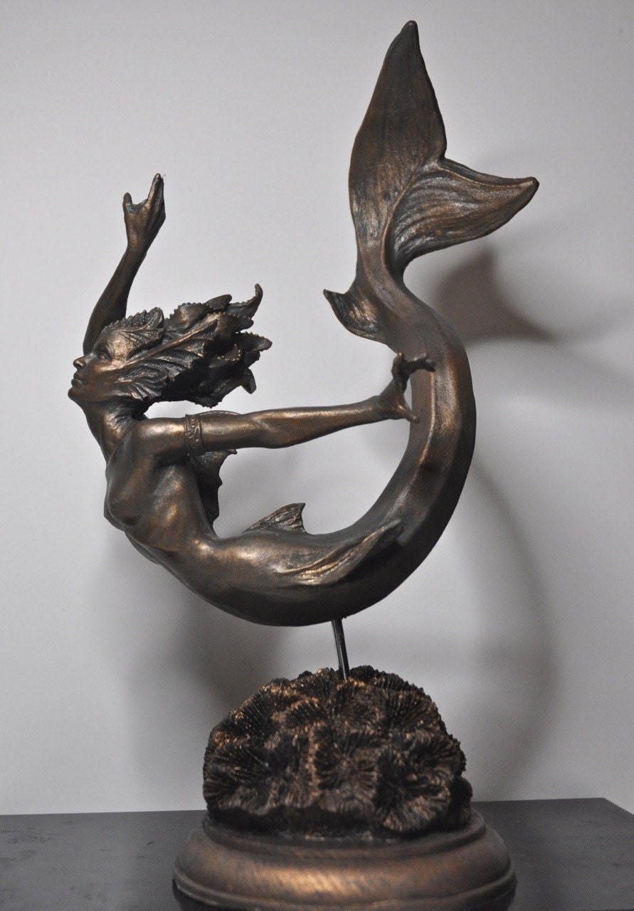 Mermaid Statue, Hand Painted Resin Sculpture, Bronze Finish| Mythical Creature Figurine| Unique Legendary Mermaid Figurine Fantasy Art Decor