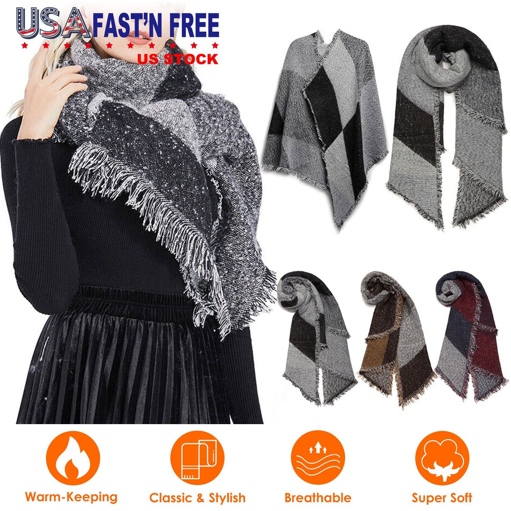 Women Winter Warm Scarf 74.8x25.6In Long Soft Knitted Shawl Extra Thick Plaid Blanket Wrap Cape