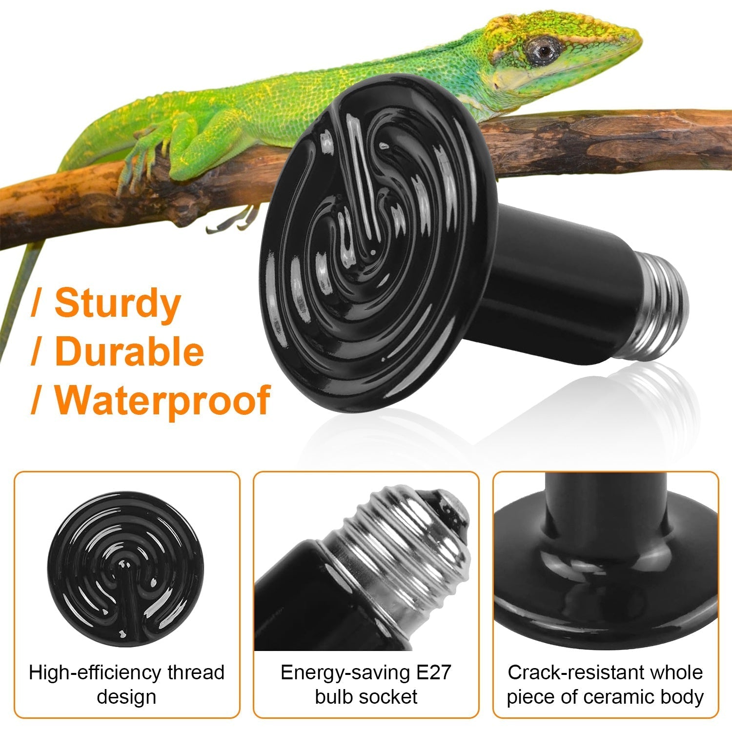 2Pcs Ceramic Heat Lamp 150W Infrared Reptile Heat Lamp No Light Emitting For Pet Brooder Incubator Reptile Lizard Turtle Snake Terrarium