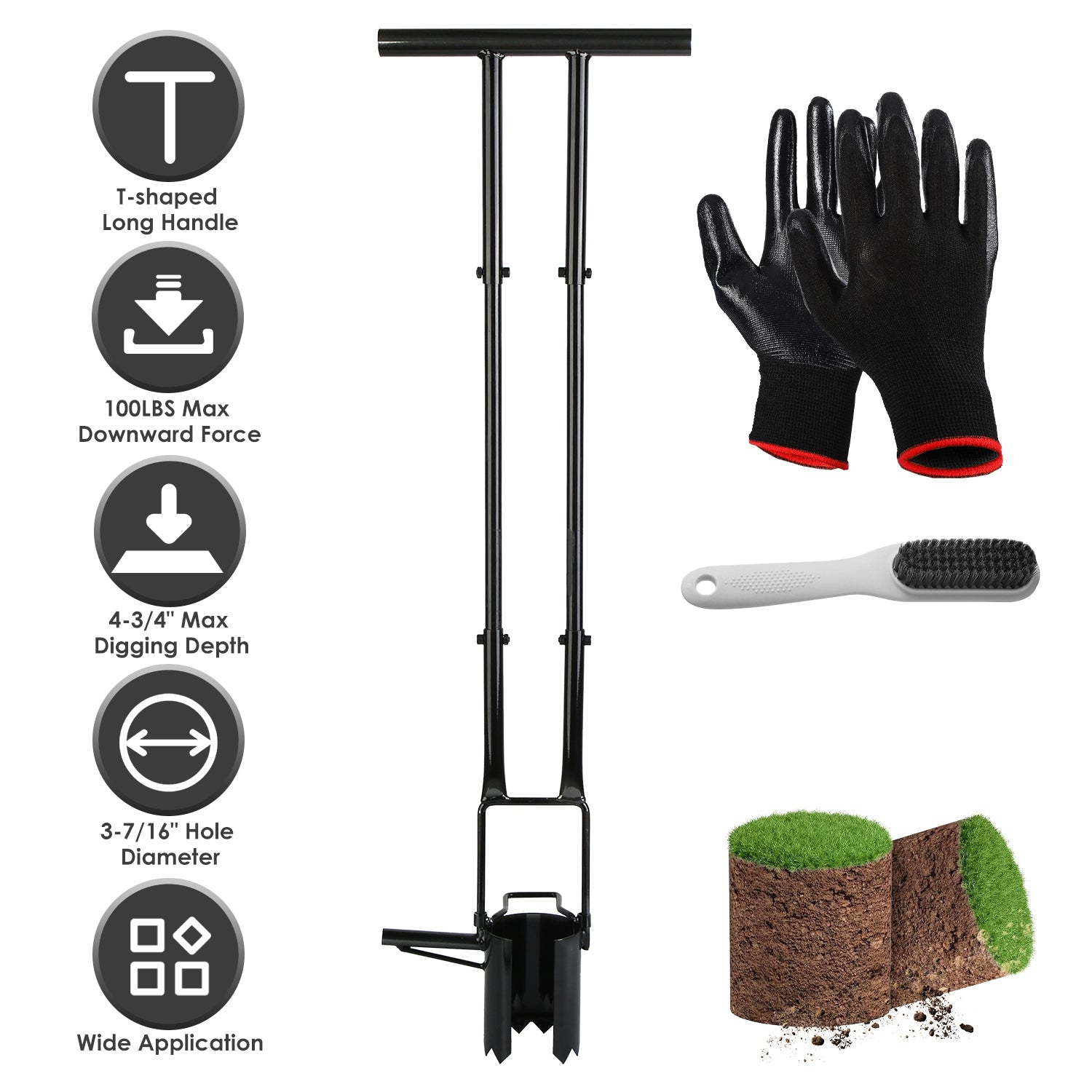 5 In 1 Bulb Planter Tool Long Handle Gardening Bulb Transplanter with Gloves Brush Serrated Base Dual Pedal Digging Holes to Plant Tulips Iris Daffodi