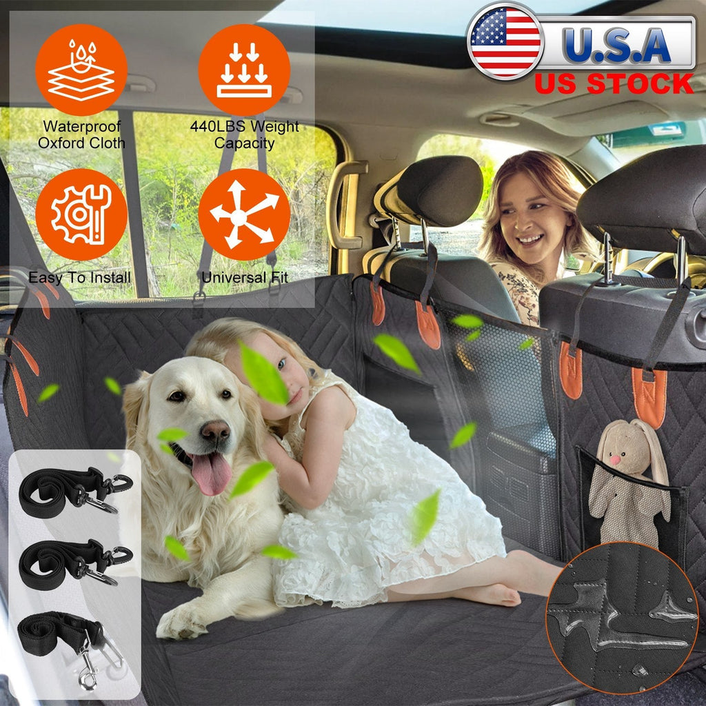Dog Car Seat Cover For Back Seat Waterproof Oxford Cloth Seat Cover Hammock Non-Slip Scratchproof Back Seat Extender with Side Flap Mesh Window Storag
