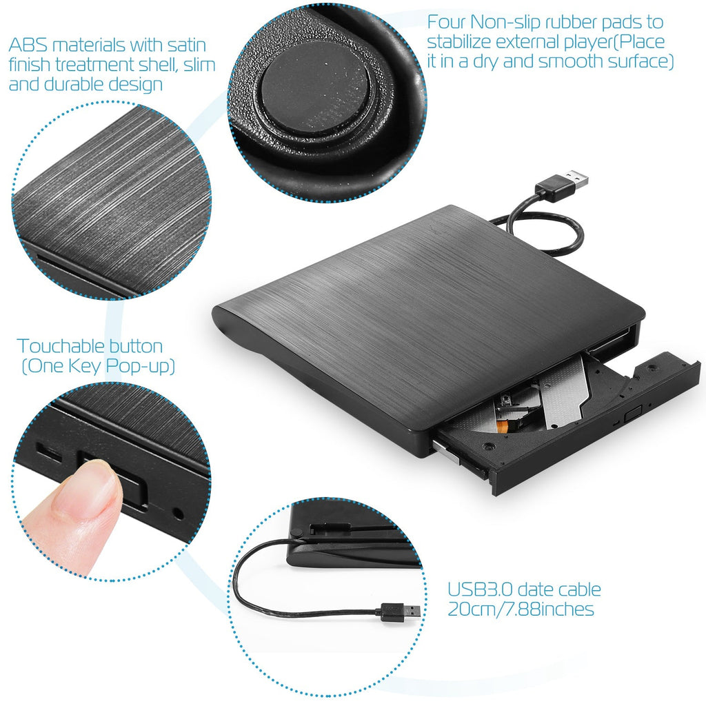 External CD DVD Drive USB 3.0 Slim DVD-RW Drive Superdrive Burner Writer High Speed Data Transfer USB Optical Drives Players for PC Desktop Laptop Win