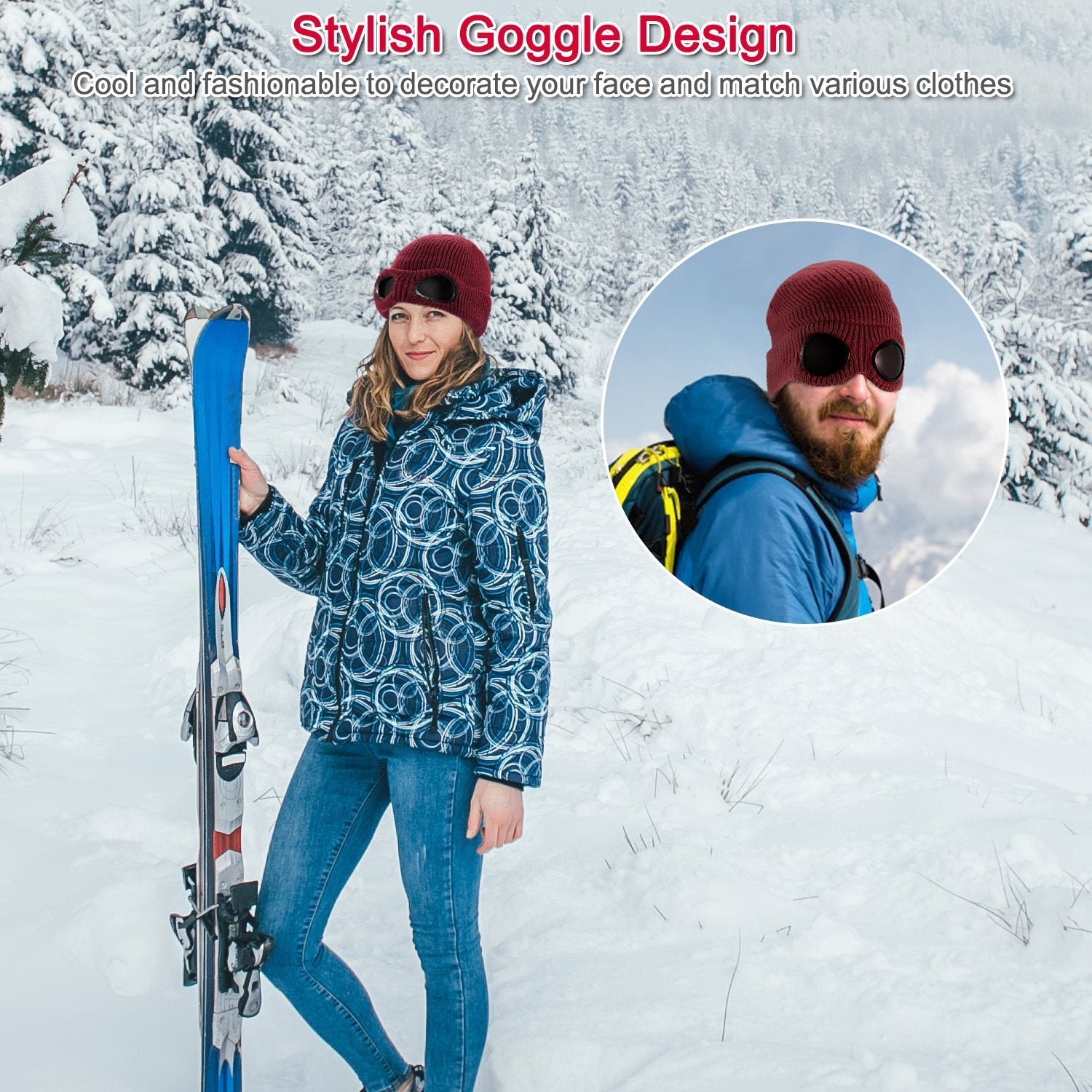 Unisex Knit Beanie Hat with Goggle Chunky Winter Warm Hat Skull Cap 4 Colors